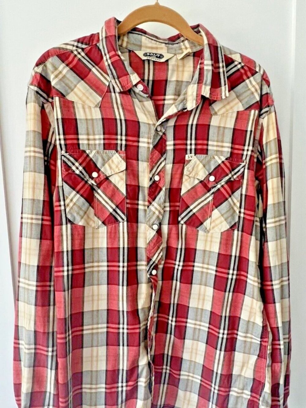 Salt Valley Western Flannel Shirt Men Large Pearl Snap Red White Plaid Check